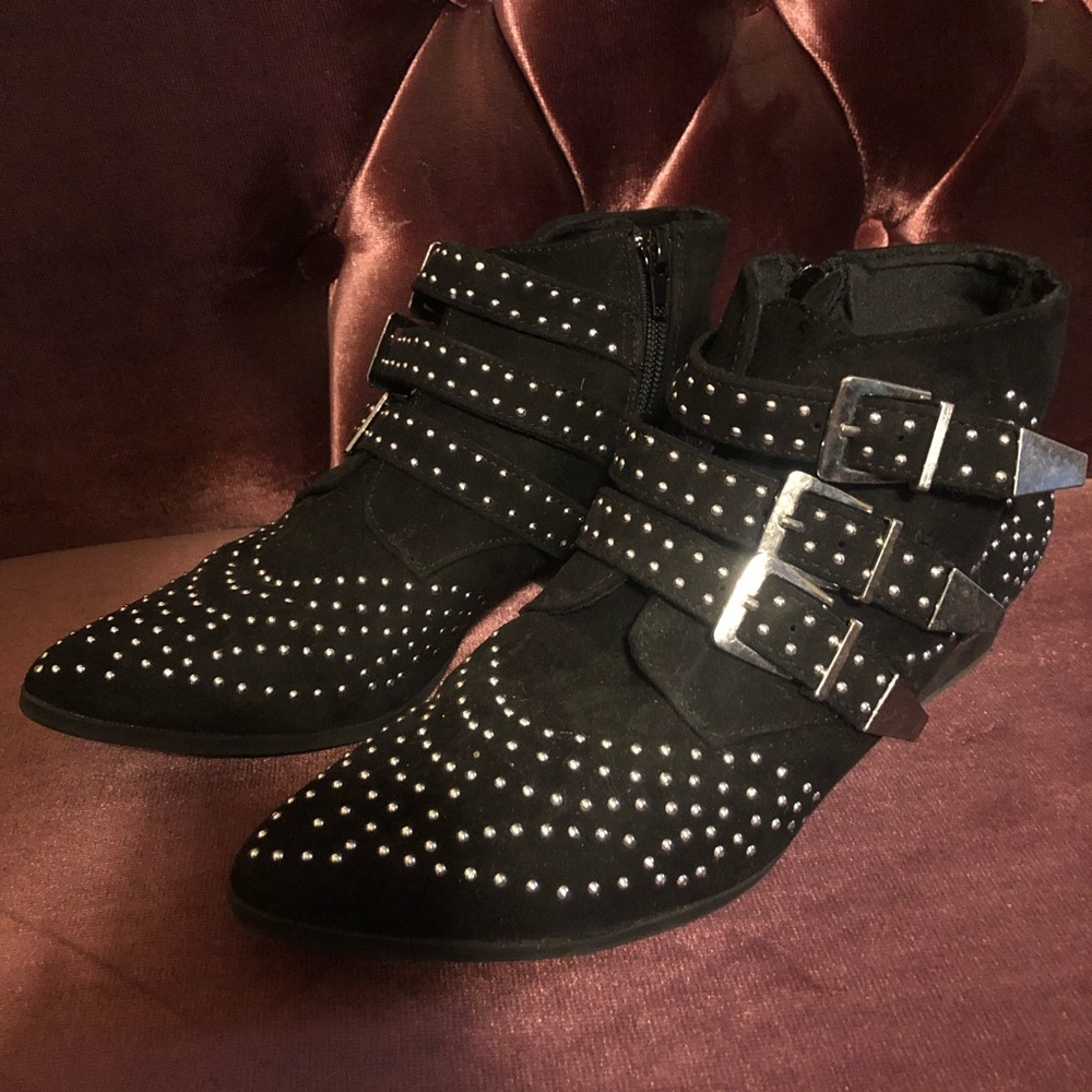 Black western buckle booties with silver accents